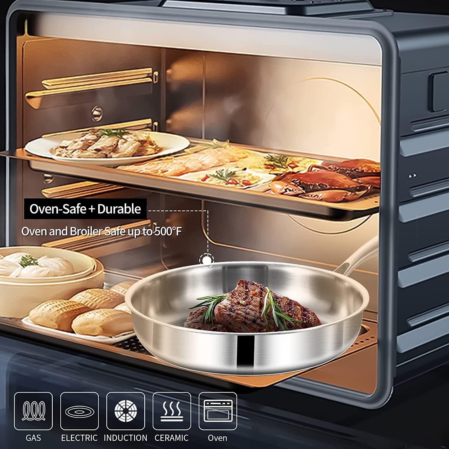 image:imageLOLYKITCH Whole Body TriPly Stainless Steel 55 QT Saut Pan with Lid12 Inch Deep Frying PanJumbo CookerDishwasher and Oven SafeDetachable HandleSilver
