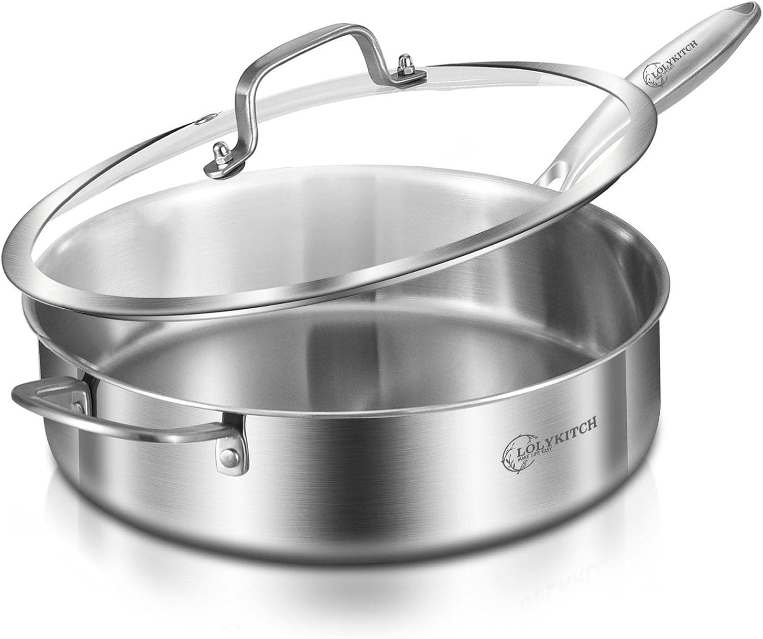 image:imageLOLYKITCH Whole Body TriPly Stainless Steel 55 QT Saut Pan with Lid12 Inch Deep Frying PanJumbo CookerDishwasher and Oven SafeDetachable HandleSilver