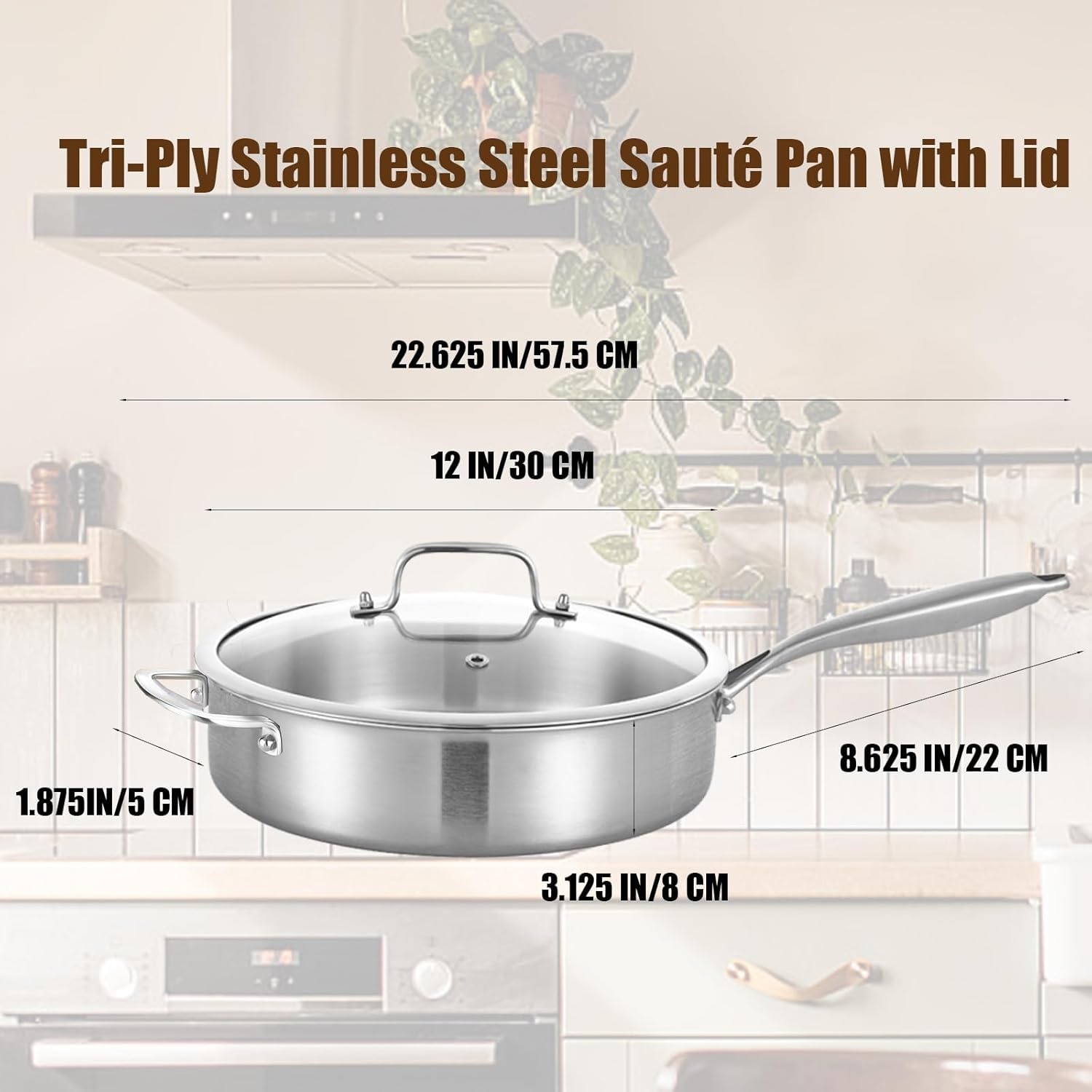 image:imageLOLYKITCH Whole Body TriPly Stainless Steel 55 QT Saut Pan with Lid12 Inch Deep Frying PanJumbo CookerDishwasher and Oven SafeDetachable HandleSilver