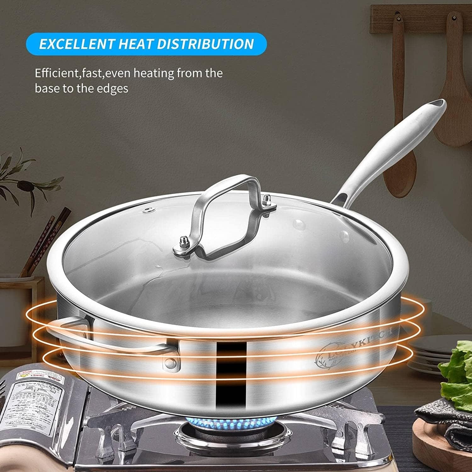 image:imageLOLYKITCH Whole Body TriPly Stainless Steel 55 QT Saut Pan with Lid12 Inch Deep Frying PanJumbo CookerDishwasher and Oven SafeDetachable HandleSilver
