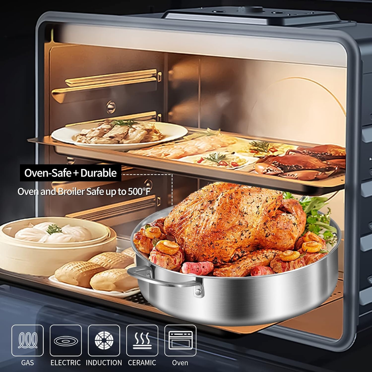 image:imageLOLYKITCH Whole Body TriPly Stainless Steel 55 QT Saut Pan with Lid12 Inch Deep Frying PanJumbo CookerDishwasher and Oven SafeDetachable HandleSilver