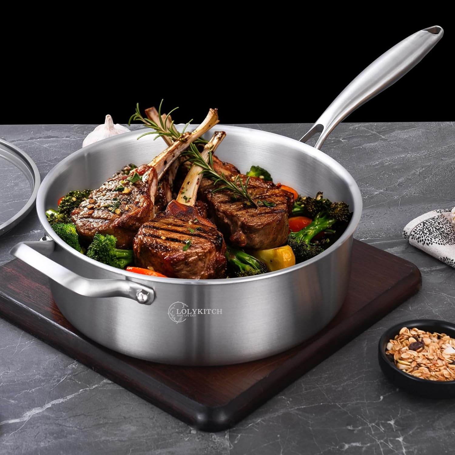 image:imageLOLYKITCH Whole Body TriPly Stainless Steel 55 QT Saut Pan with Lid12 Inch Deep Frying PanJumbo CookerDishwasher and Oven SafeDetachable HandleSilver