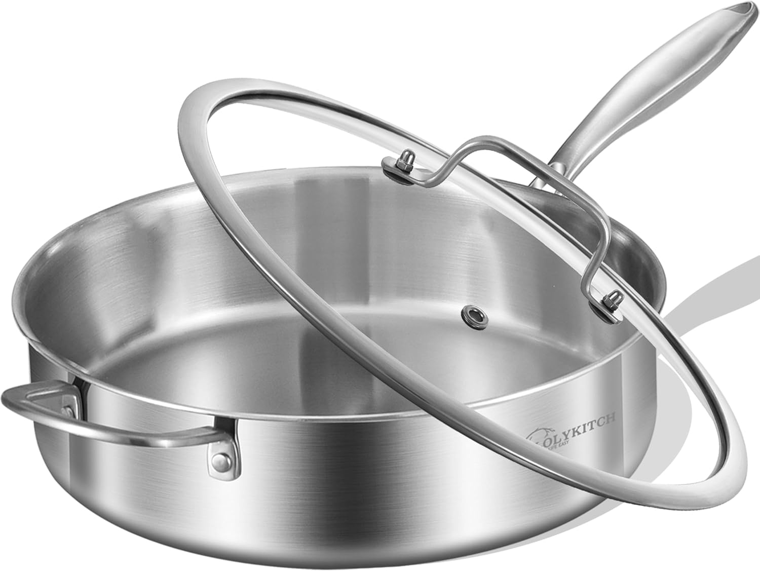 image:imageLOLYKITCH Whole Body TriPly Stainless Steel 55 QT Saut Pan with Lid12 Inch Deep Frying PanJumbo CookerDishwasher and Oven SafeDetachable HandleSilver