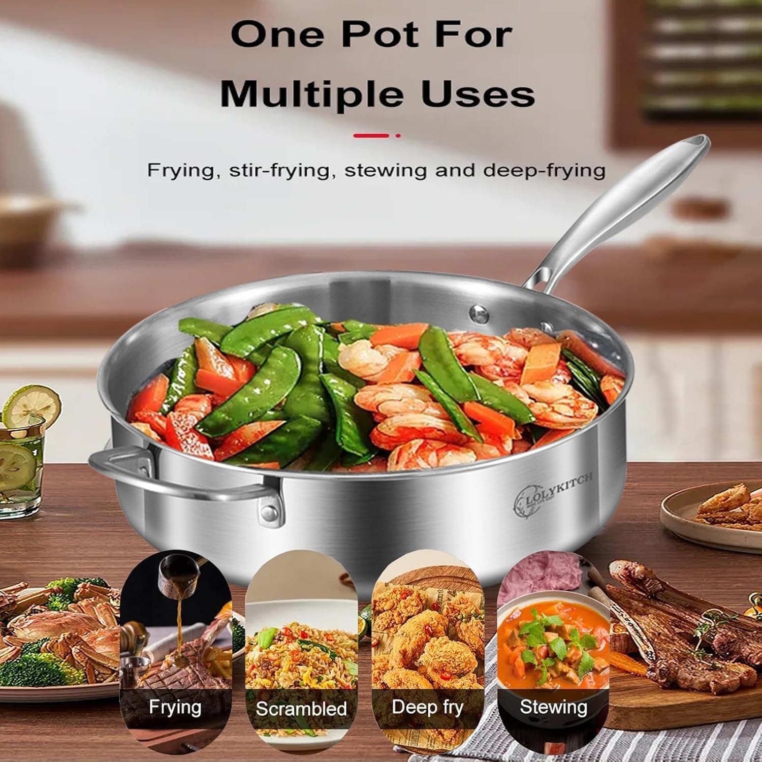 image:imageLOLYKITCH Whole Body TriPly Stainless Steel 55 QT Saut Pan with Lid12 Inch Deep Frying PanJumbo CookerDishwasher and Oven SafeDetachable HandleSilver