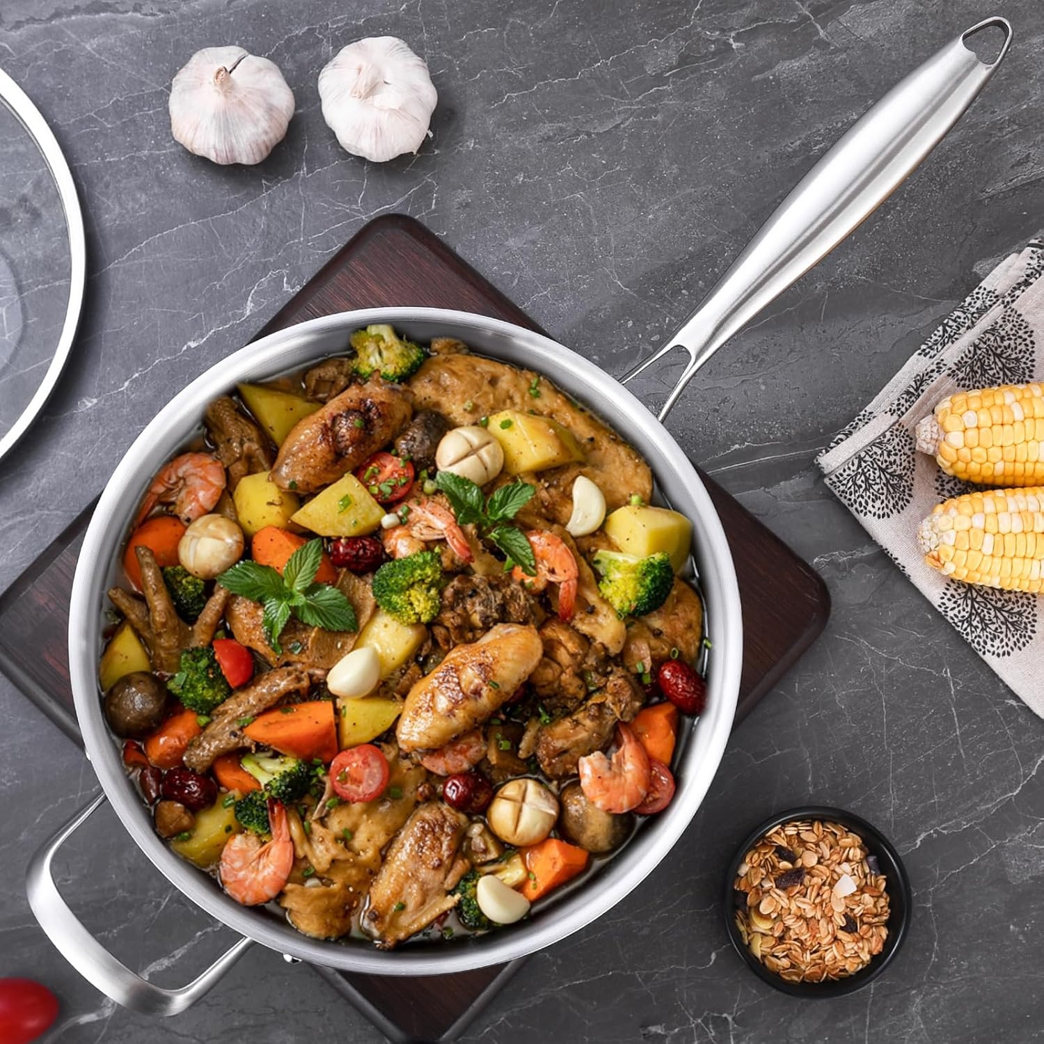 image:imageLOLYKITCH Whole Body TriPly Stainless Steel 55 QT Saut Pan with Lid12 Inch Deep Frying PanJumbo CookerDishwasher and Oven SafeDetachable HandleSilver