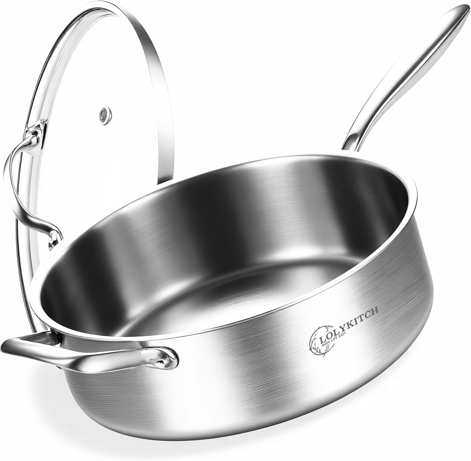 image:imageLOLYKITCH Whole Body TriPly Stainless Steel 55 QT Saut Pan with Lid12 Inch Deep Frying PanJumbo CookerDishwasher and Oven SafeDetachable HandleSilver