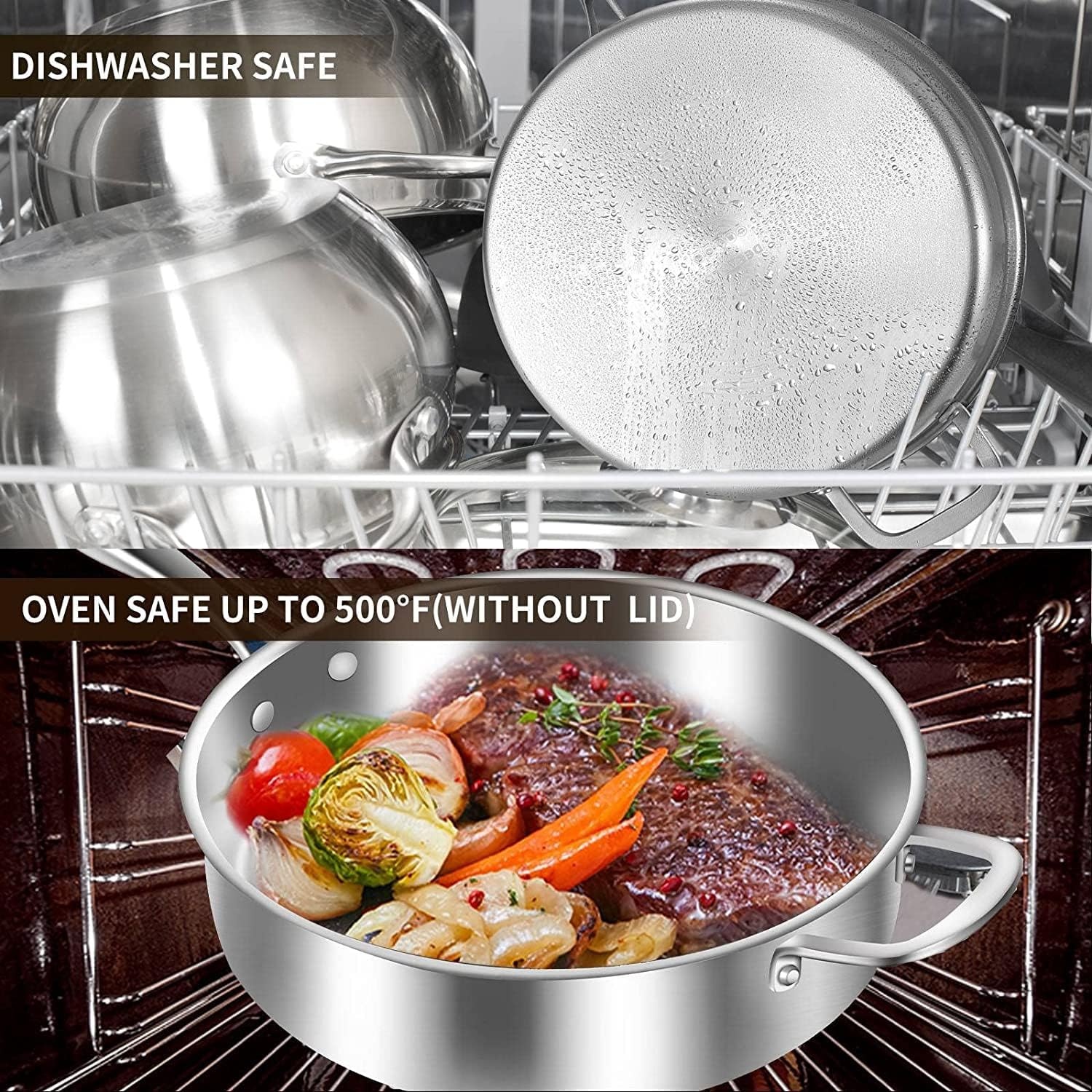 image:imageLOLYKITCH Whole Body TriPly Stainless Steel 55 QT Saut Pan with Lid12 Inch Deep Frying PanJumbo CookerDishwasher and Oven SafeDetachable HandleSilver