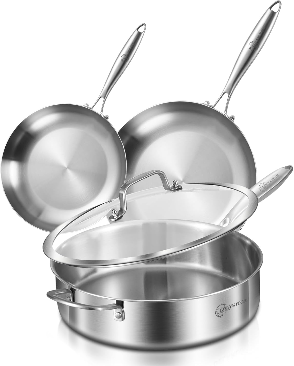 image:imageLOLYKITCH Whole Body TriPly Stainless Steel 55 QT Saut Pan with Lid12 Inch Deep Frying PanJumbo CookerDishwasher and Oven SafeDetachable HandleSilver