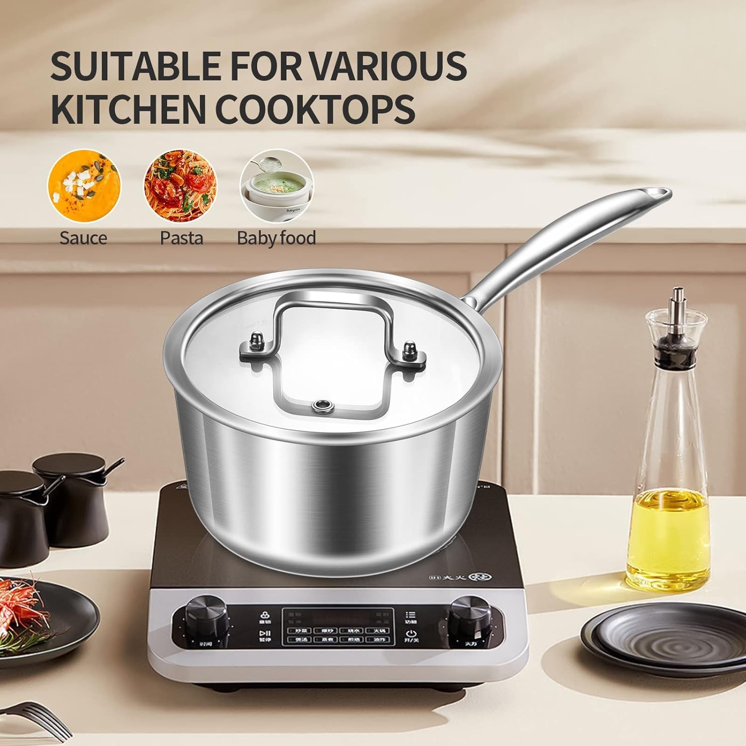 image:imageLOLYKITCh TriPly 3 QT Stainless Steel Saucepan with LidDia20CM Induction Cooking Sauce PotOven amp Dishwasher SafeDetachable Handle25 QT with Lid
