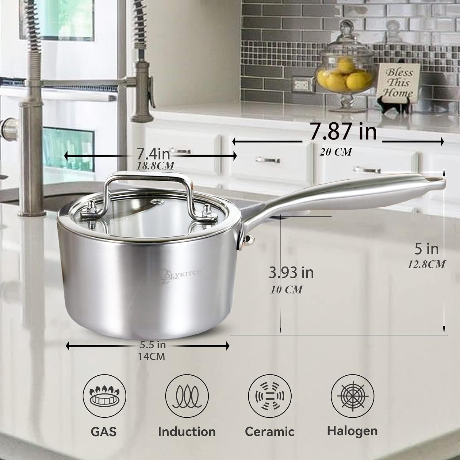 image:imageLOLYKITCh TriPly 3 QT Stainless Steel Saucepan with LidDia20CM Induction Cooking Sauce PotOven amp Dishwasher SafeDetachable Handle25 QT with Lid