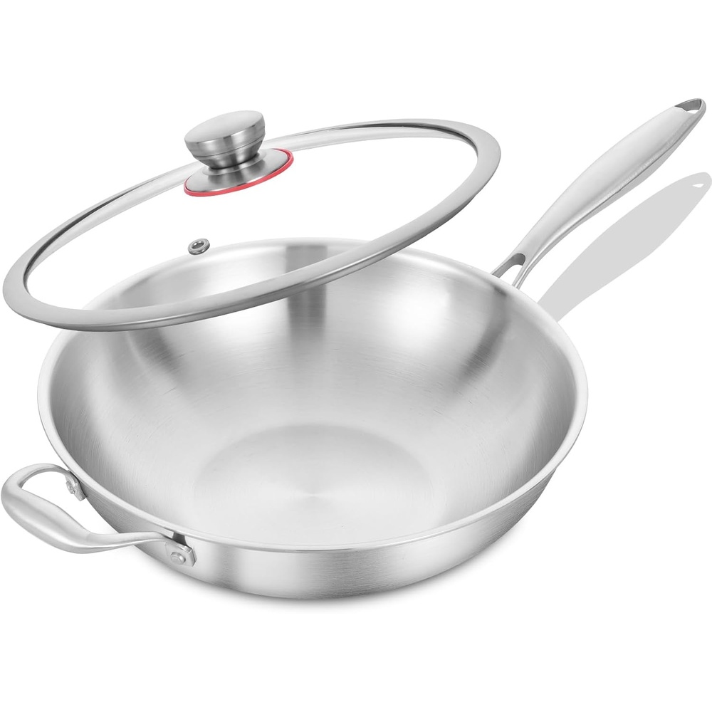 image:imageLOLYKITCH 10 Inch Small Stainless Steel Wok with Glass Lid TriPly Stir Fry Pan with Detachable Handle Uncoated Cooking Wok for Induction amp Glass Flat Bottom SGS Certified Cookware12Inch with Lid Detachable Handle