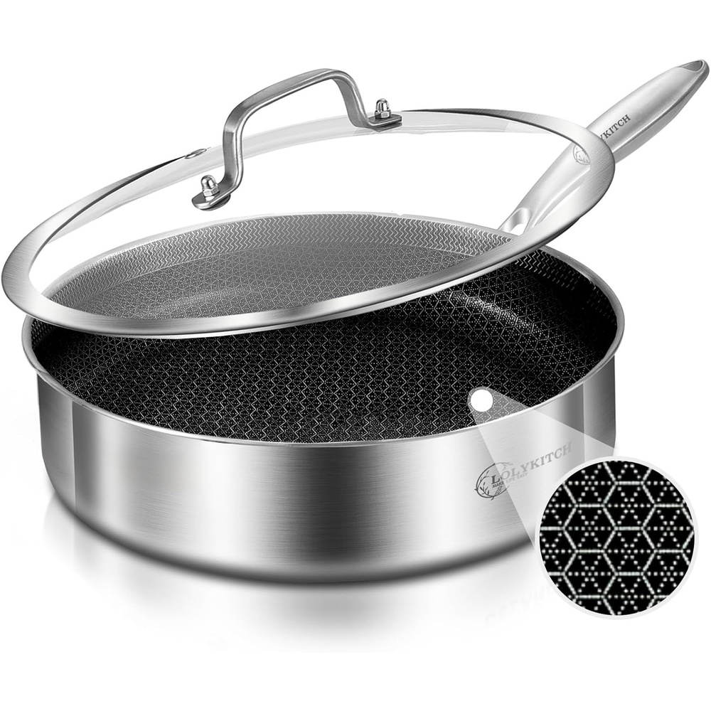 image:imageLOLYKITCH 12 Inch Deep Frying Pan with Lid Nonstick 5QT TriPly Stainless Steel Saut Pan with Ceramic Coating PFOA amp PFOS Free Induction Cooking Skillet Dishwasher and Oven Safe3 QT Riveted Handle