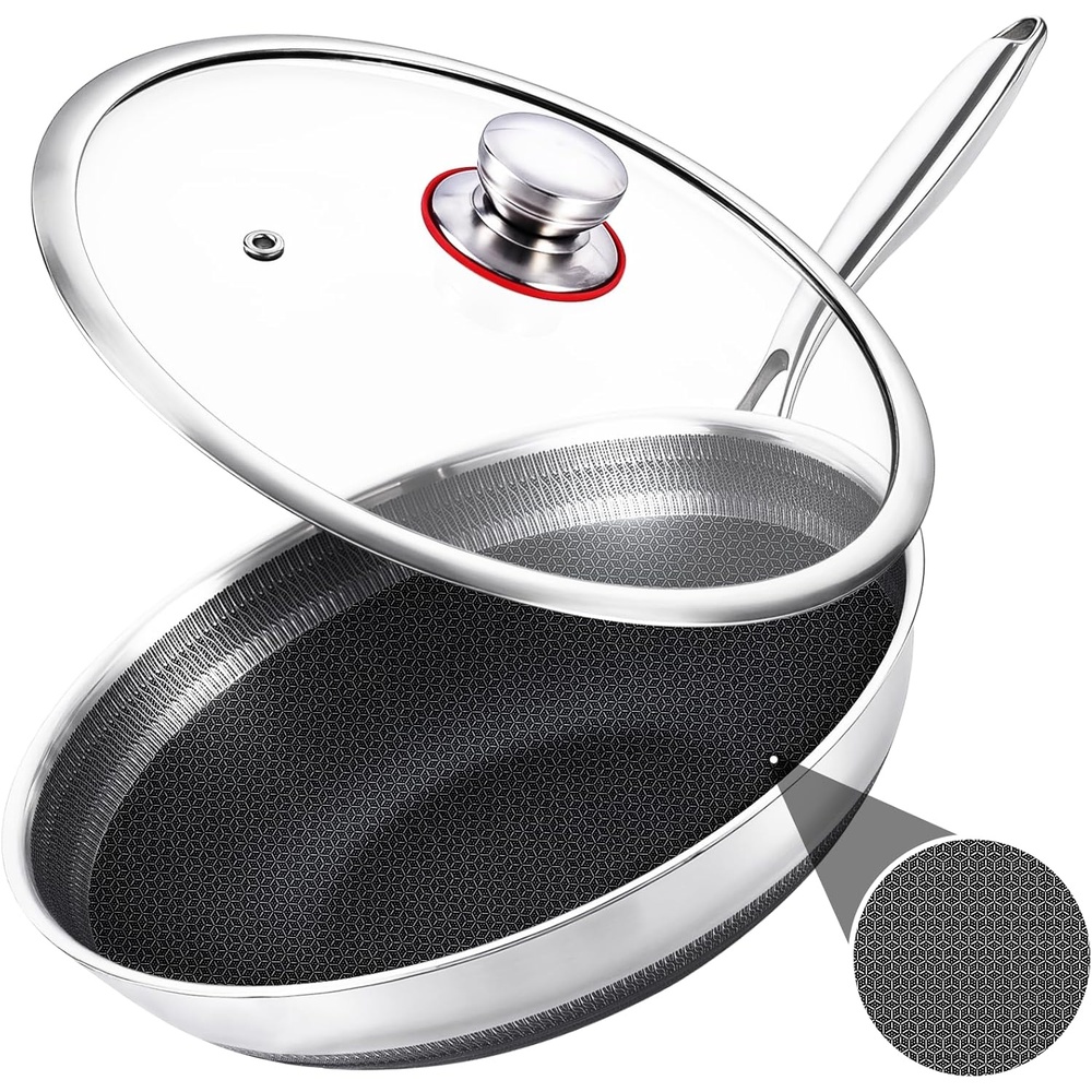 image:imageLOLYKITCH 12 Inch Hybrid Nonstick Wok with Lid Honeycomb Stainless Steel Wok Pan Oven amp Dishwasher Safe Large Flat Bottom Wok for Electric amp Induction Cooktop Long Handle Ceramic Coating13 Inch with Lid