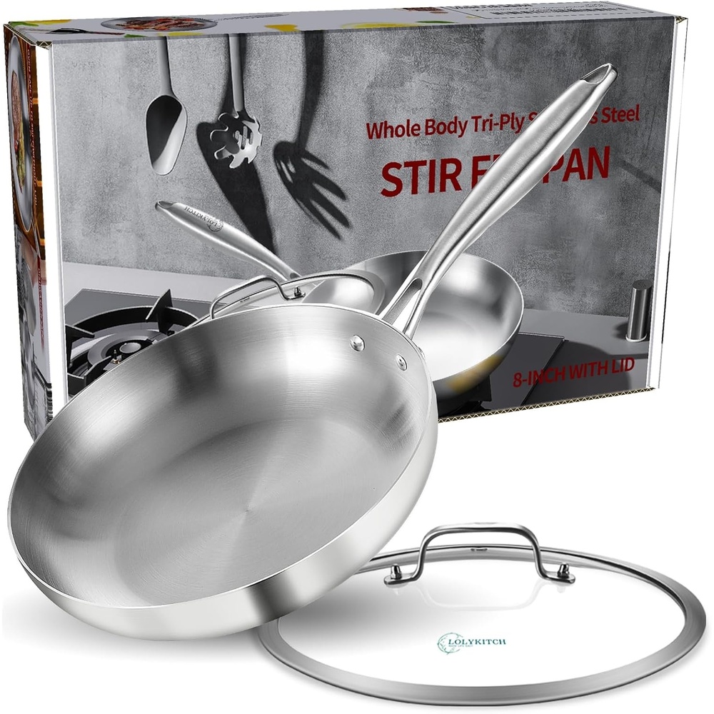 image:imageLOLYKITCH 12 Inch TriPly Stainless Steel Frying Pan with LidSkilletInduction Cooking PanOven Safe and Detachable Handle85 Inch with Lid