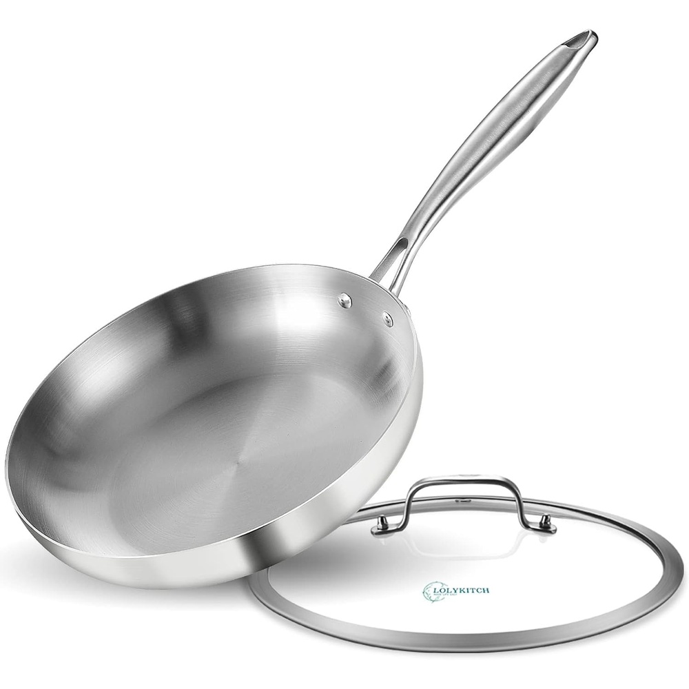 image:imageLOLYKITCH 12 Inch TriPly Stainless Steel Frying Pan with LidSkilletInduction Cooking PanOven Safe and Detachable Handle95 In with Lid