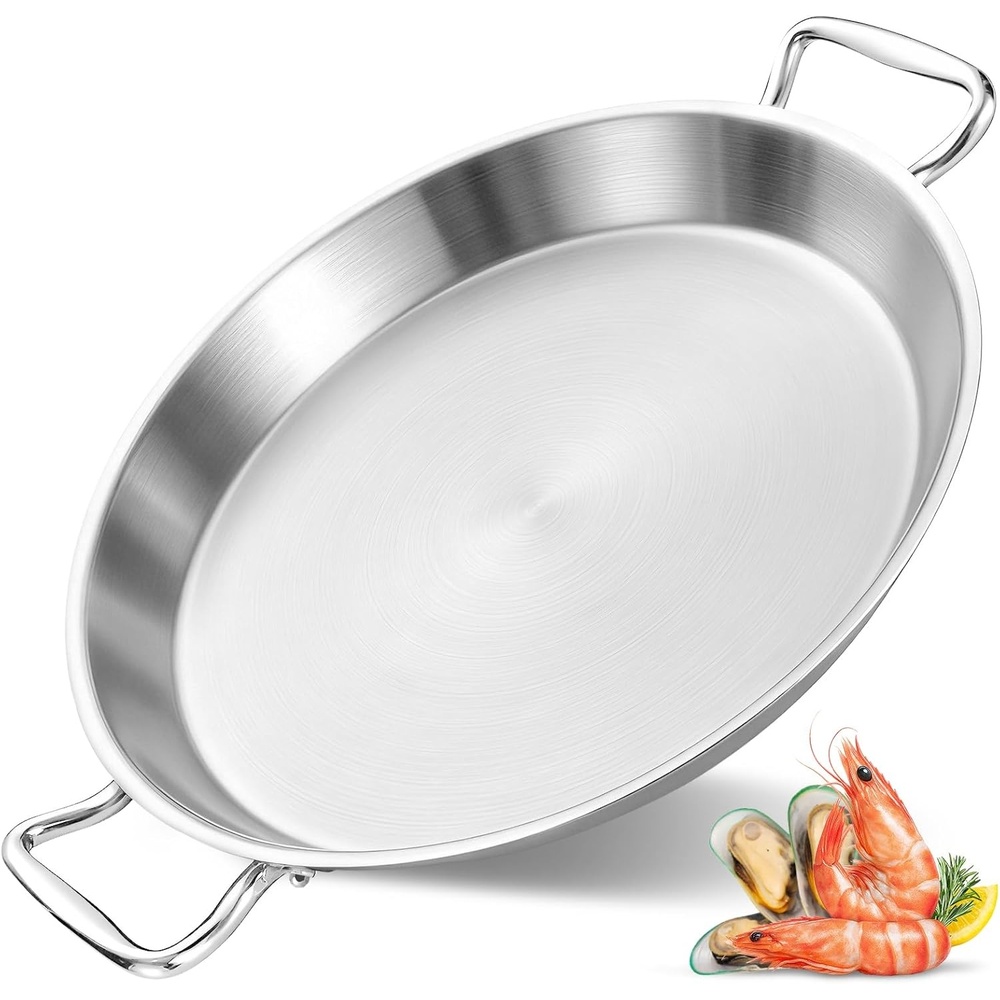 image:imageLOLYKITCH 13 Inch Triply Stainless Steel Paella Pan with LidGriddleLarge SkilletOmeletJumbo CookerHeavy Duty Dishwasher and Oven Safe16 Inch