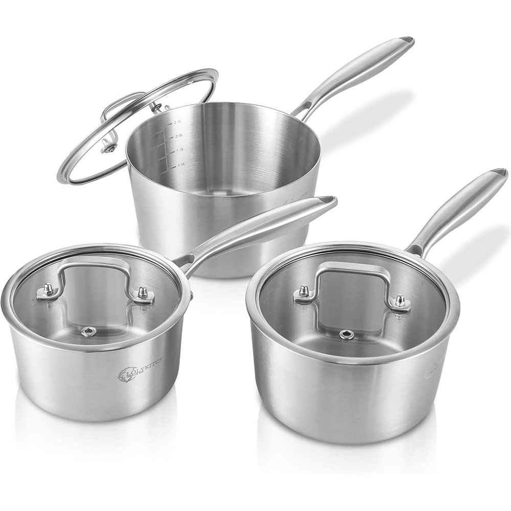 image:imageLOLYKITCH 152530 QT TriPly Stainless Steel Saucepan Set of 3Induction Cooking PotsSauce Pots with LidsPots and Pans SetDetachable Handle and Dishwasher Safe15253 QT