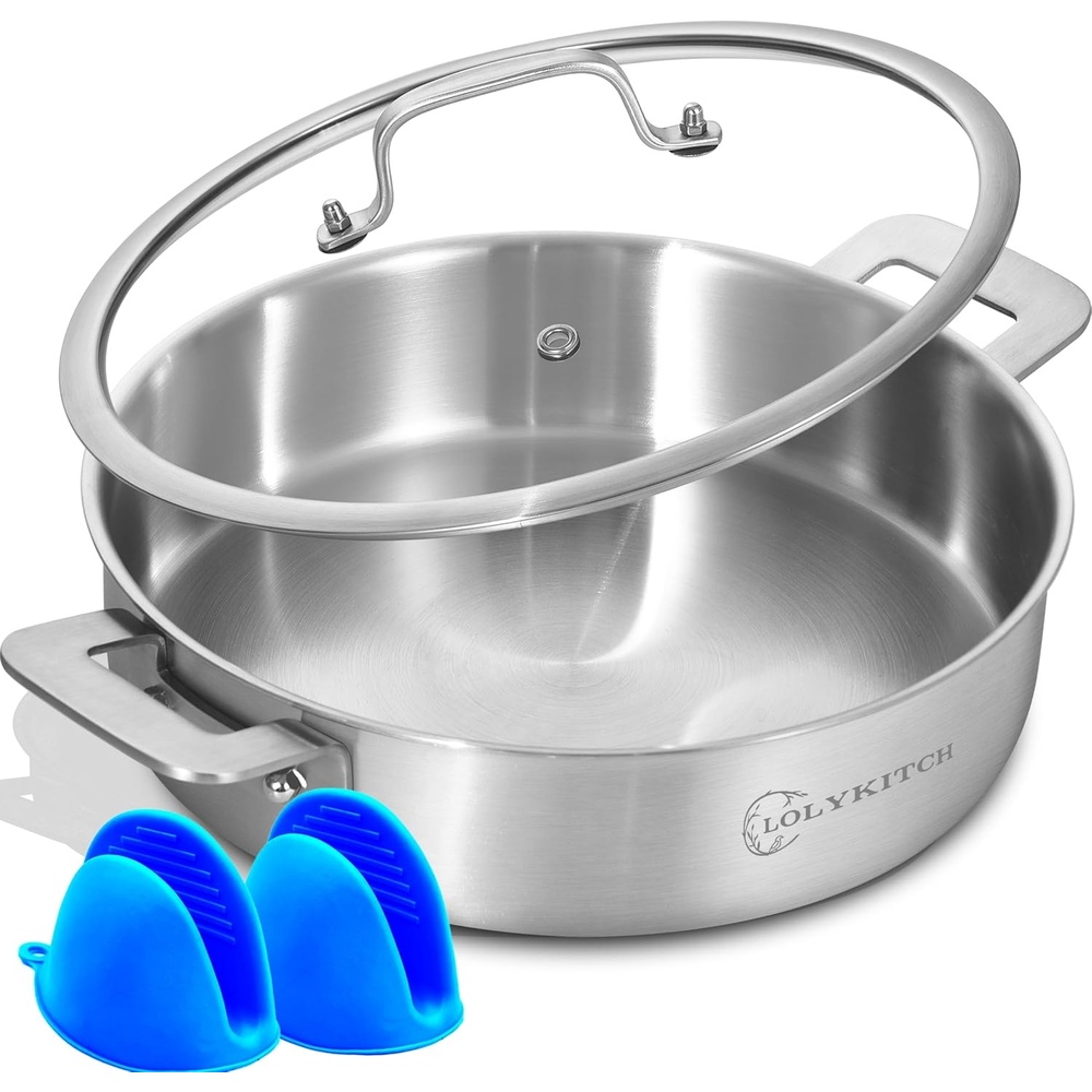 image:imageLOLYKITCH 5 Quarts TriPly Stainless Steel Saut Pan wih Lid 12 Inch Deep Frying PanJumbo CookerInduction Cooking PanDishwasher and Oven SafeDetachable Handle12 Inch 6 QT