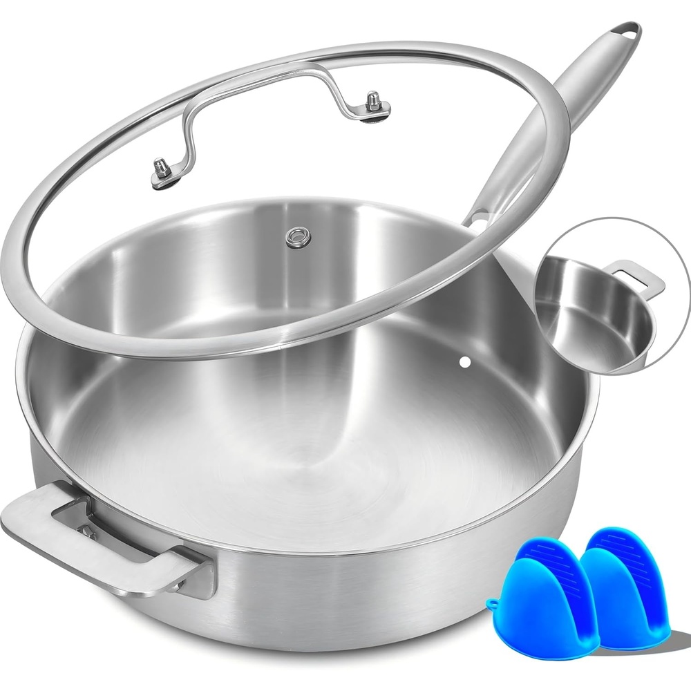 image:imageLOLYKITCH 5 Quarts TriPly Stainless Steel Saut Pan wih Lid 12 Inch Deep Frying PanJumbo CookerInduction Cooking PanDishwasher and Oven SafeDetachable Handle12 Inch 7 QT