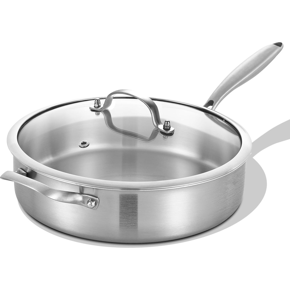 image:imageLOLYKITCH 5 Quarts TriPly Stainless Steel Saut Pan wih Lid 12 Inch Deep Frying PanJumbo CookerInduction Cooking PanDishwasher and Oven SafeDetachable Handle12 Inch 5 QT