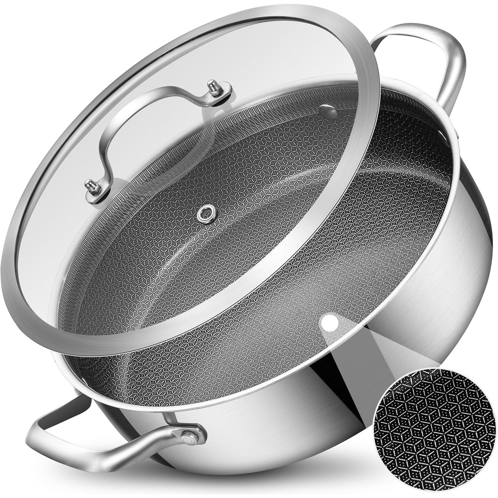 image:imageLOLYKITCH 7 QT Large Deep Frying Pan with Lid 12 Inch Nonstick Triply Stainless Steel Skillet Saute Pan Ceramic Hybrid Honeycomb Cookware for Family Meal Oven amp Induction Ready Riveted Handles5 QT
