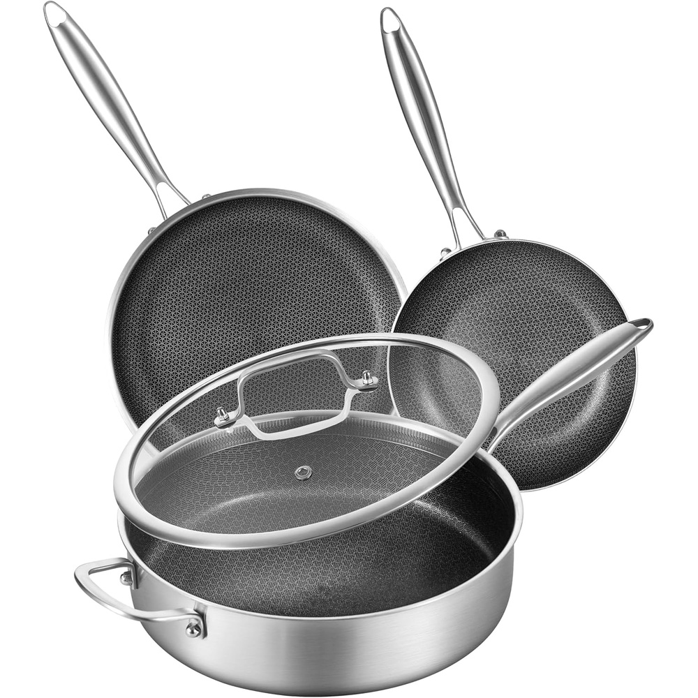 image:imageLOLYKITCH 7 QT Large Deep Frying Pan with Lid 12 Inch Nonstick Triply Stainless Steel Skillet Saute Pan Ceramic Hybrid Honeycomb Cookware for Family Meal Oven amp Induction Ready Riveted Handles8106 QTLong Handle