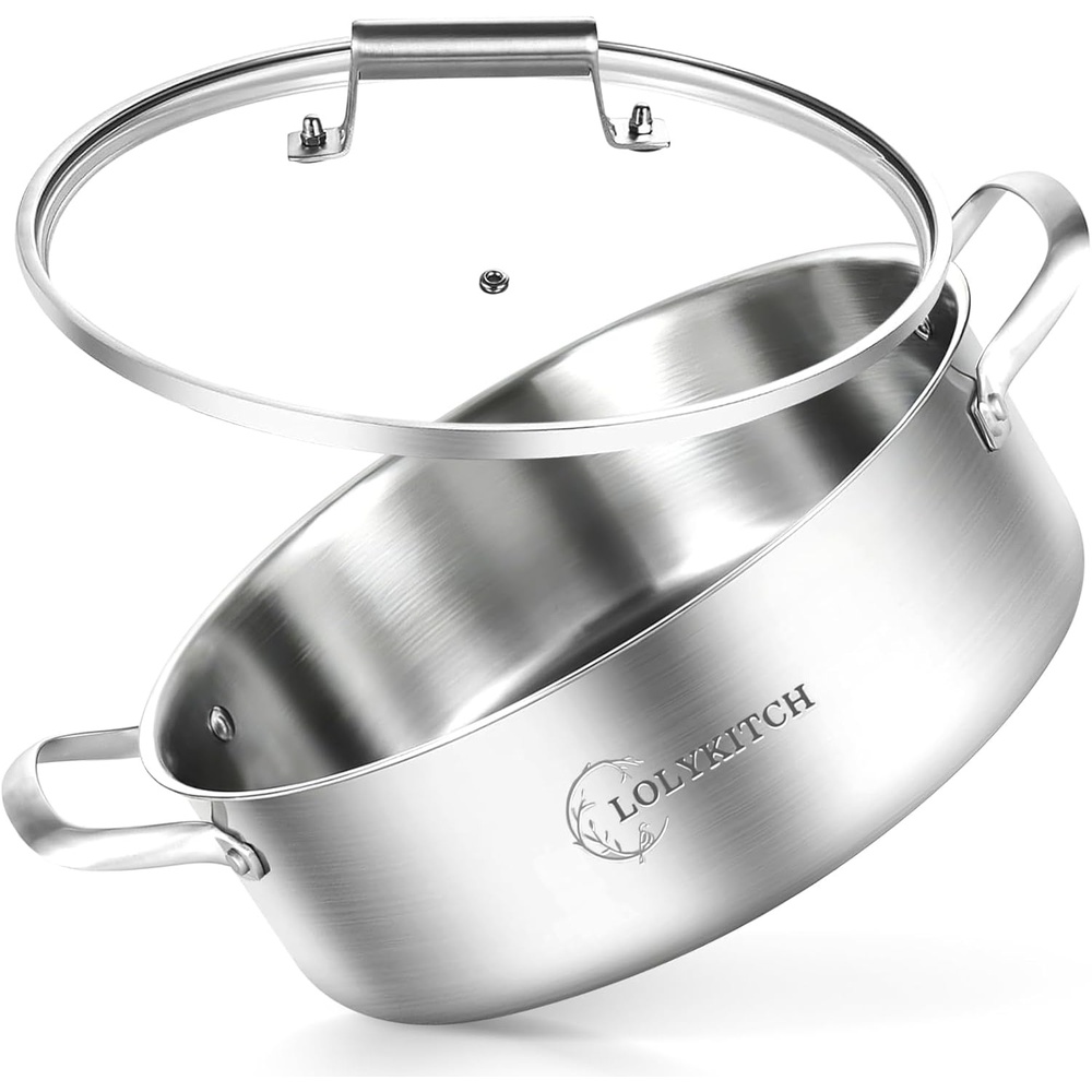image:imageLOLYKITCH 7 Quarts TriPly Stainless Steel Saut Pan with Lid12 Inch Deep Frying PanLarge SkilletJumbo CookerInduction PotDishwasher and Oven Safe8 QT