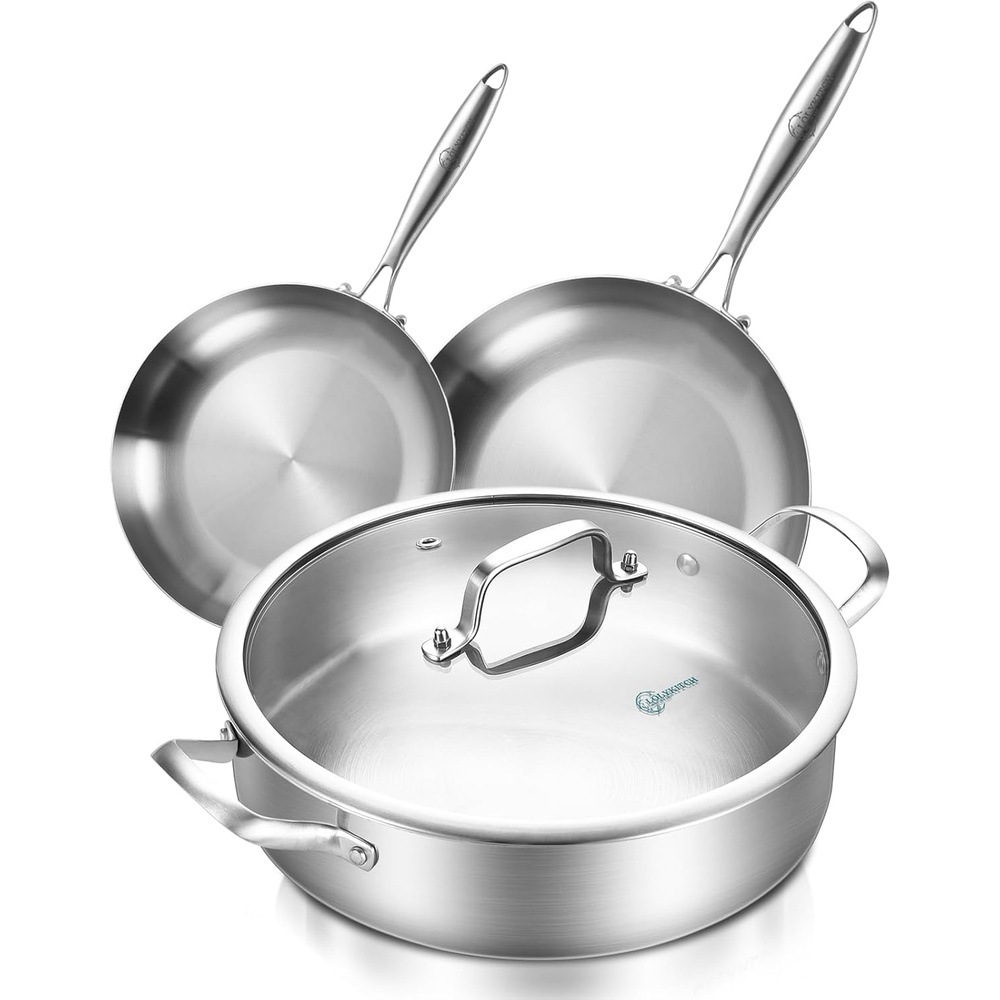 image:imageLOLYKITCH 851012 Inch Triply Stainless Steel Frying Pans Set of 3SkilletsInduction Cookware SetOven and Dishwasher SafeDetachable Handle81012 Inch Set