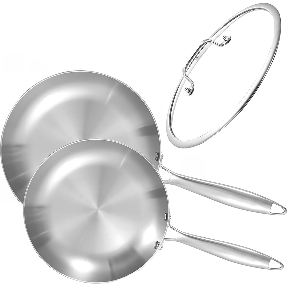 image:imageLOLYKITCH 851012 Inch Triply Stainless Steel Frying Pans Set of 3SkilletsInduction Cookware SetOven and Dishwasher SafeDetachable Handle8510 Inch Set with Lid