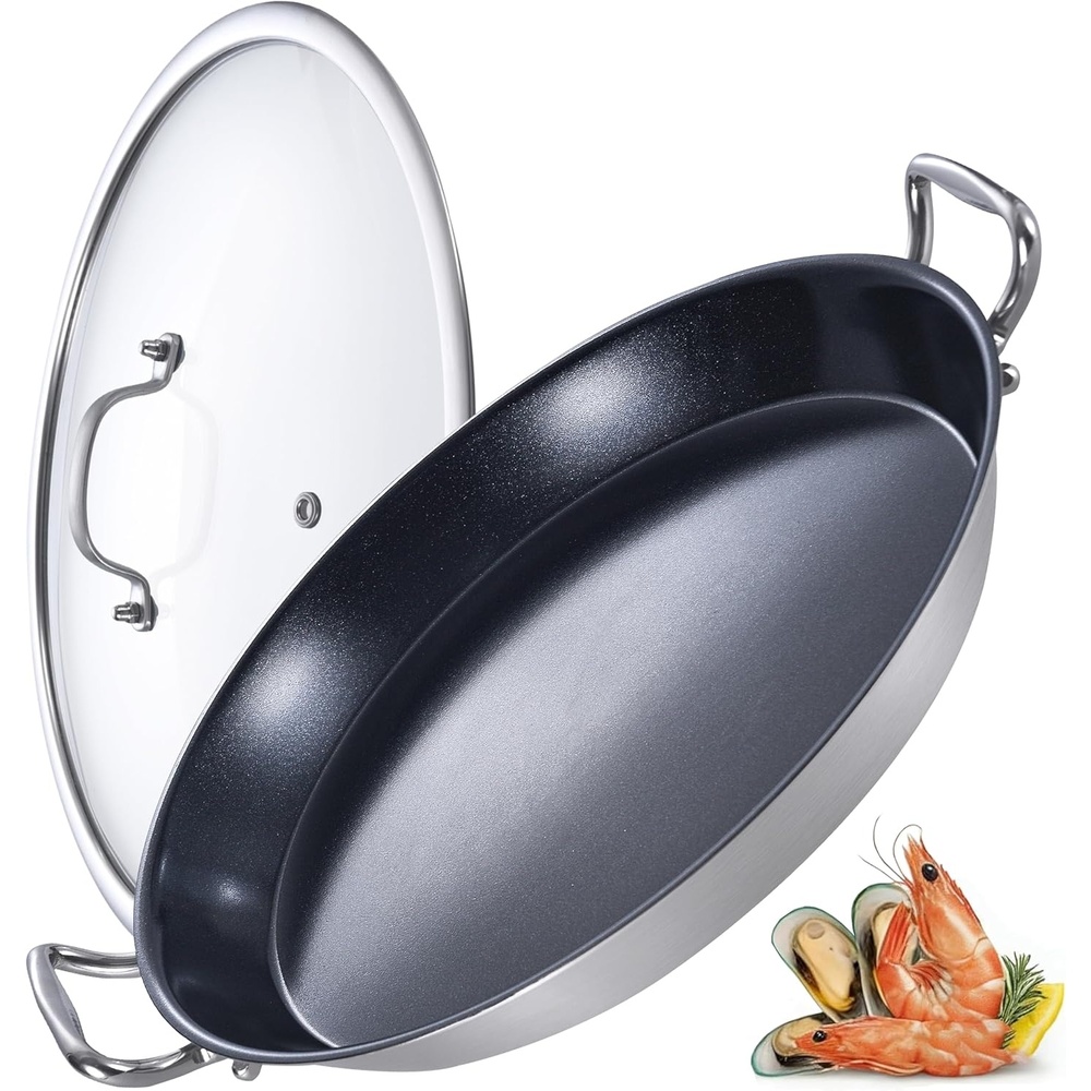 image:imageLOLYKITCH Nonstick Paella Pan with Lid 14 Inch Triply Stainless Steel Skillet Large Oven Safe Cookware for Family of 58 Rust Proof amp Warp Resistant Induction Compatible14 Inch