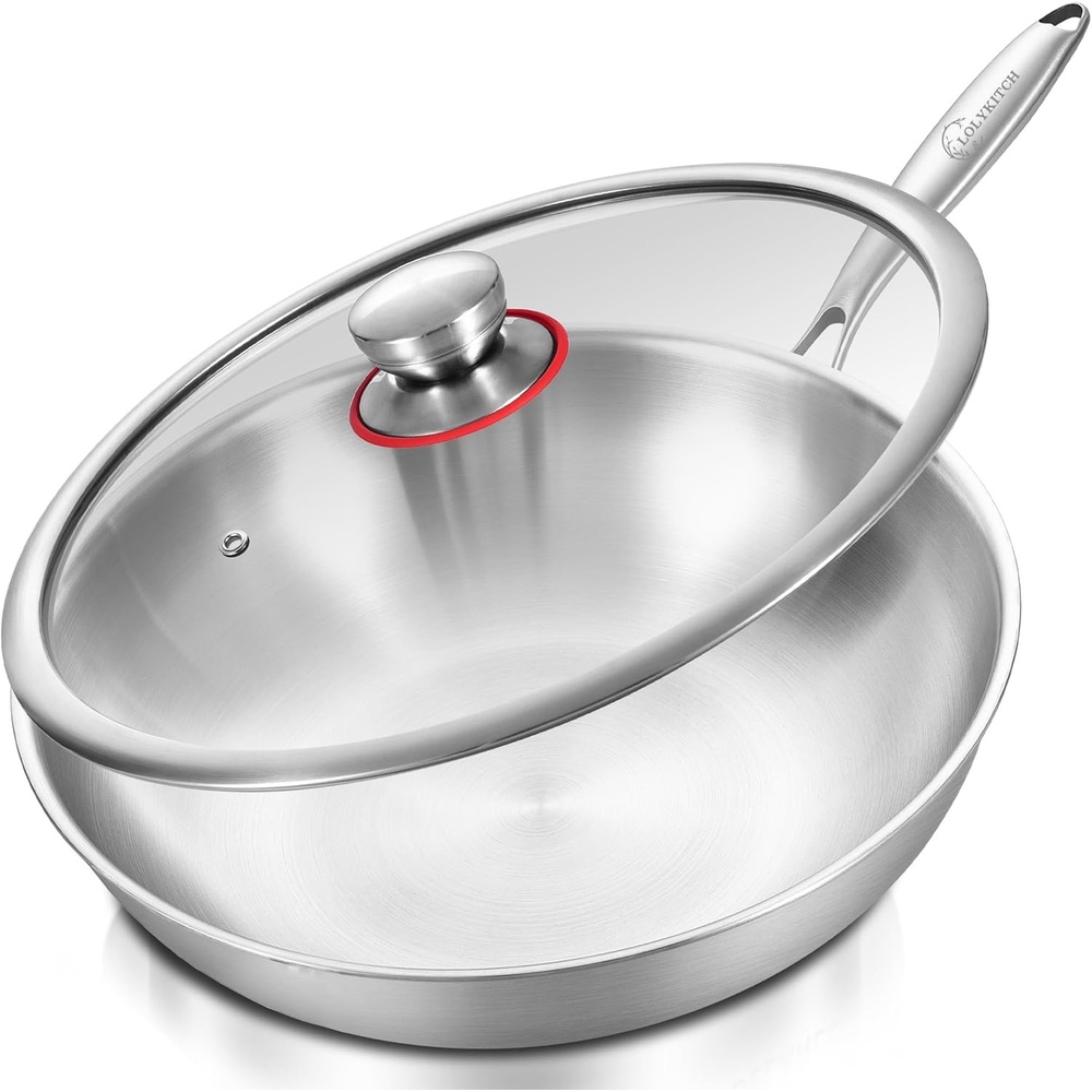 image:imageLOLYKITCH TriPly 13 Inch Stainless Steel Wok Pan with Lid StirFrying PanInduction WokDishwasher and Oven SafeHeavy Duty and Detachable handle13 Inch