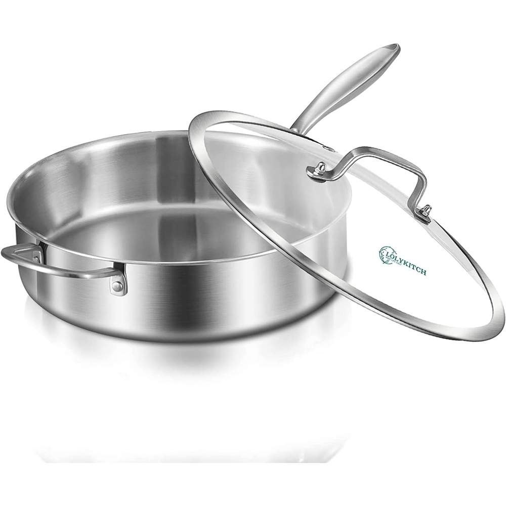 image:imageLOLYKITCH Whole Body TriPly Stainless Steel 55 QT Saut Pan with Lid12 Inch Deep Frying PanJumbo CookerDishwasher and Oven SafeDetachable HandleSilver