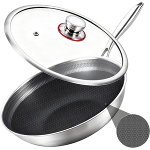 image:imageLOLYKITCH 12 Inch Hybrid Nonstick Wok with Lid Honeycomb Stainless Steel Wok Pan Oven amp Dishwasher Safe  Large Flat Bottom Wok for Electric amp Induction Cooktop Long Handle Ceramic Coating12 Inch with Lid