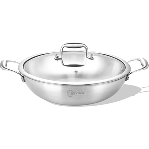 image:imageLOLYKITCH 12 Inch TriPly Stainless Steel Wok Pan with LidKadai5 QT Induction Cooking PotDishwasher and Oven Safe12 Inch with Glass Lid