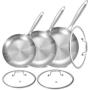 image:imageLOLYKITCH 851012 Inch Triply Stainless Steel Frying Pans Set of 3SkilletsInduction Cookware SetOven and Dishwasher SafeDetachable Handle851012 Inch Set with Lids