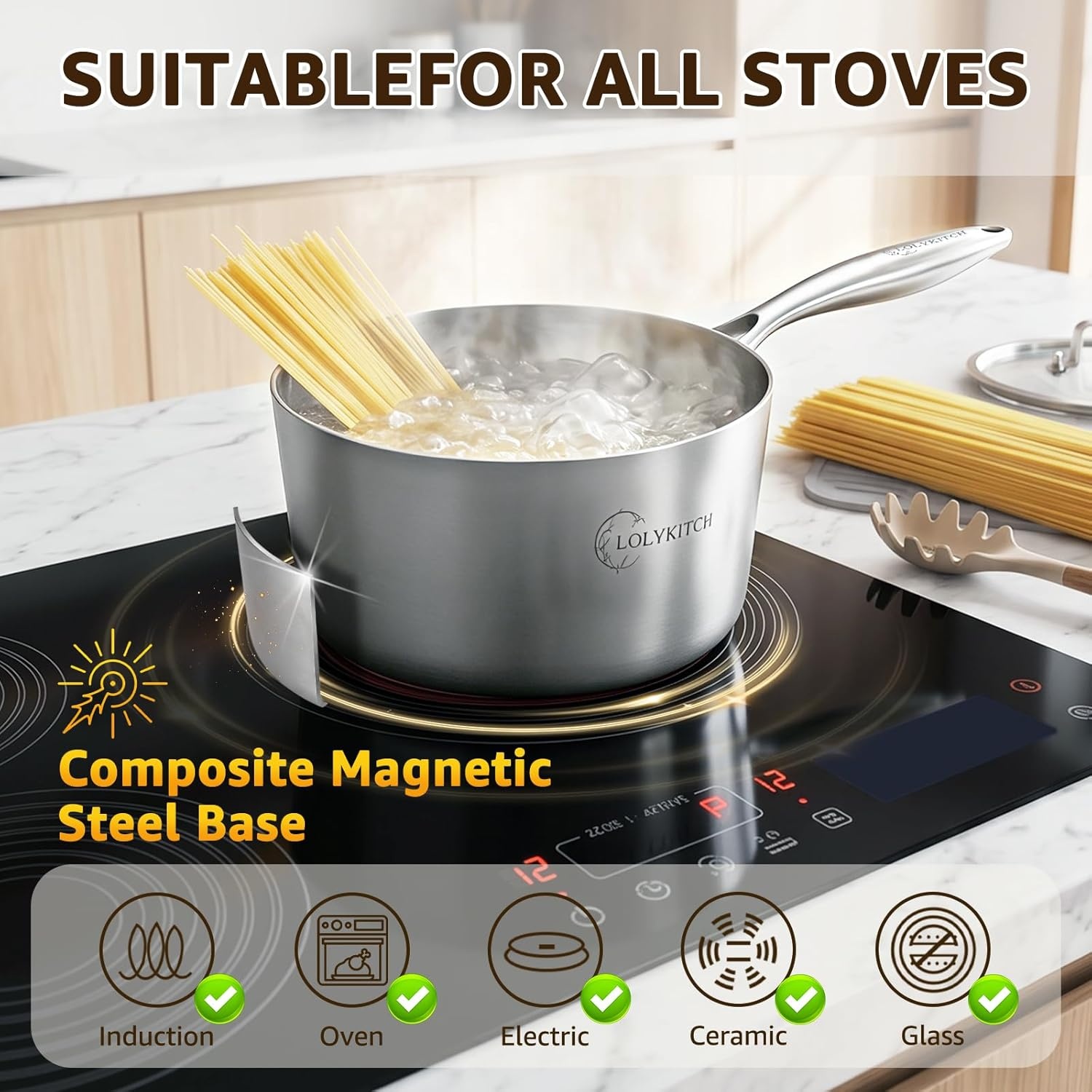 image:imageLOLYKITCH TriPly Stainless Steel Saucepan Set with Glass Lids 1 amp 2 amp 3QT Cooking Pots Uncoated Heavy Bottom Metal Sauce Pans for Induction Cooktop Ergonomic Handle1QT3QT