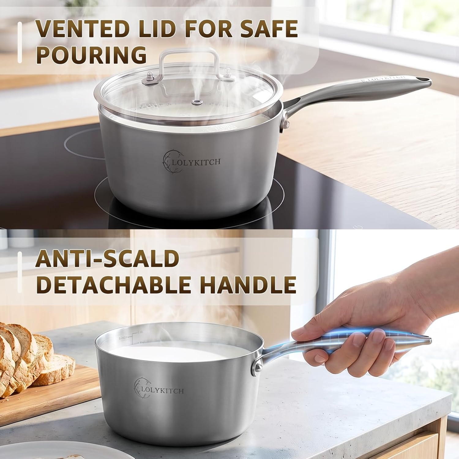 image:imageLOLYKITCH TriPly Stainless Steel Saucepan Set with Glass Lids 1 amp 2 amp 3QT Cooking Pots Uncoated Heavy Bottom Metal Sauce Pans for Induction Cooktop Ergonomic Handle1QT3QT