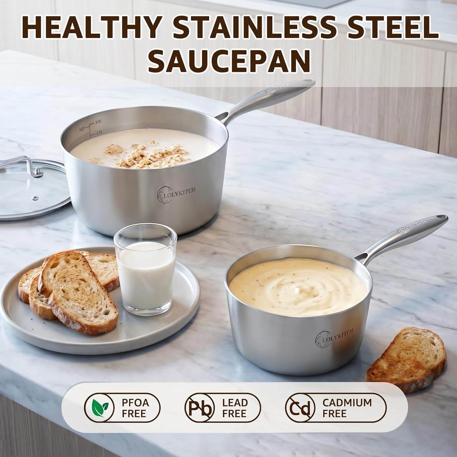 image:imageLOLYKITCH TriPly Stainless Steel Saucepan Set with Glass Lids 1 amp 2 amp 3QT Cooking Pots Uncoated Heavy Bottom Metal Sauce Pans for Induction Cooktop Ergonomic Handle1QT3QT