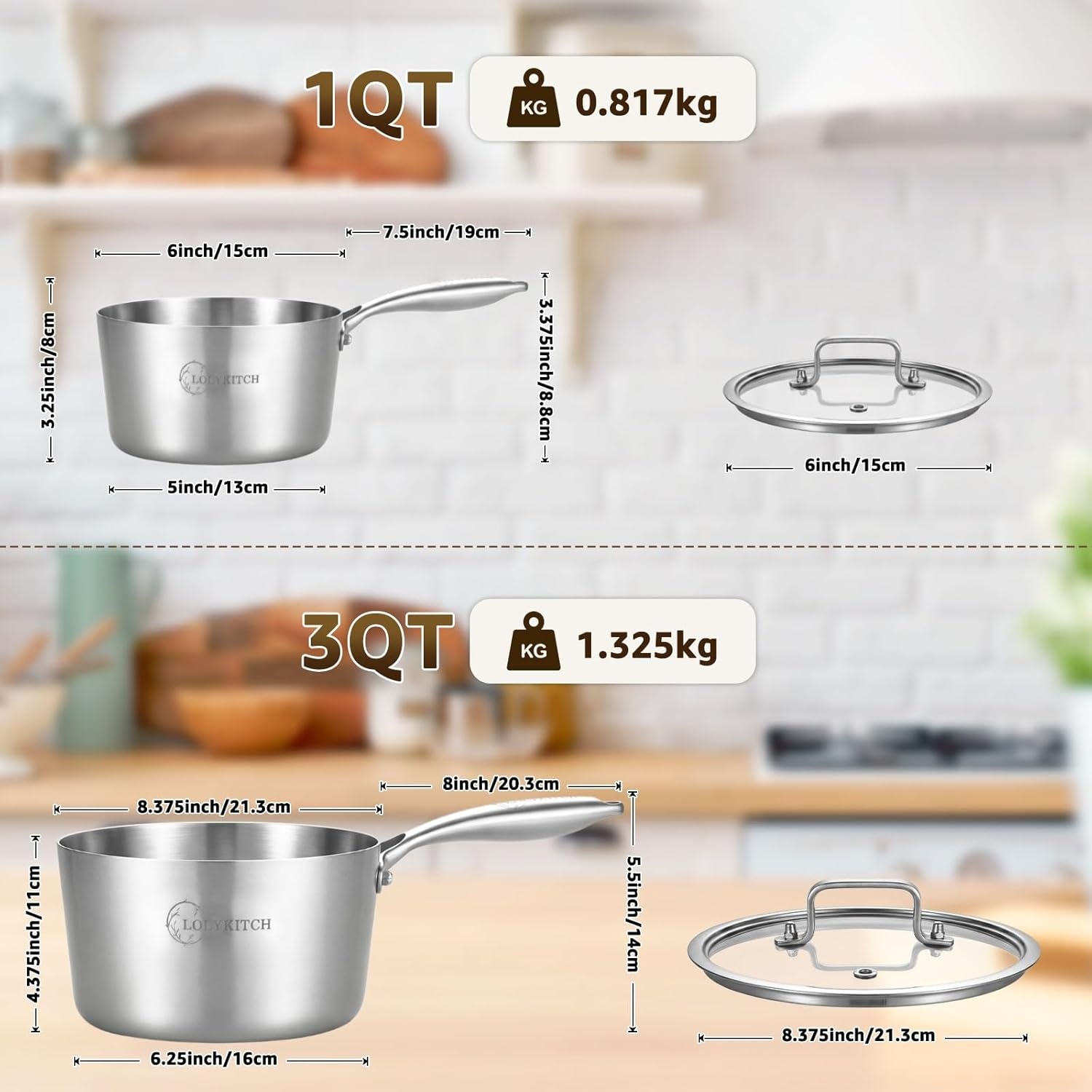 image:imageLOLYKITCH TriPly Stainless Steel Saucepan Set with Glass Lids 1 amp 2 amp 3QT Cooking Pots Uncoated Heavy Bottom Metal Sauce Pans for Induction Cooktop Ergonomic Handle1QT3QT
